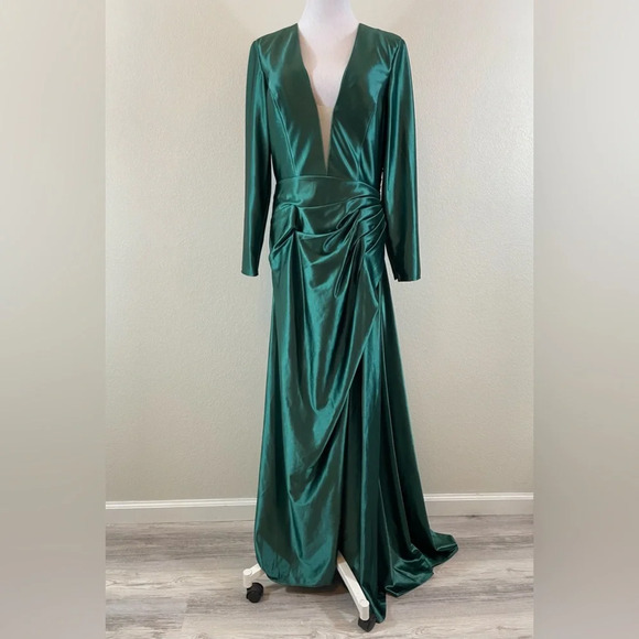 Ieena for MacDuggal Dresses & Skirts - Ieena for MacDuggal green satin deep v long gown size 10